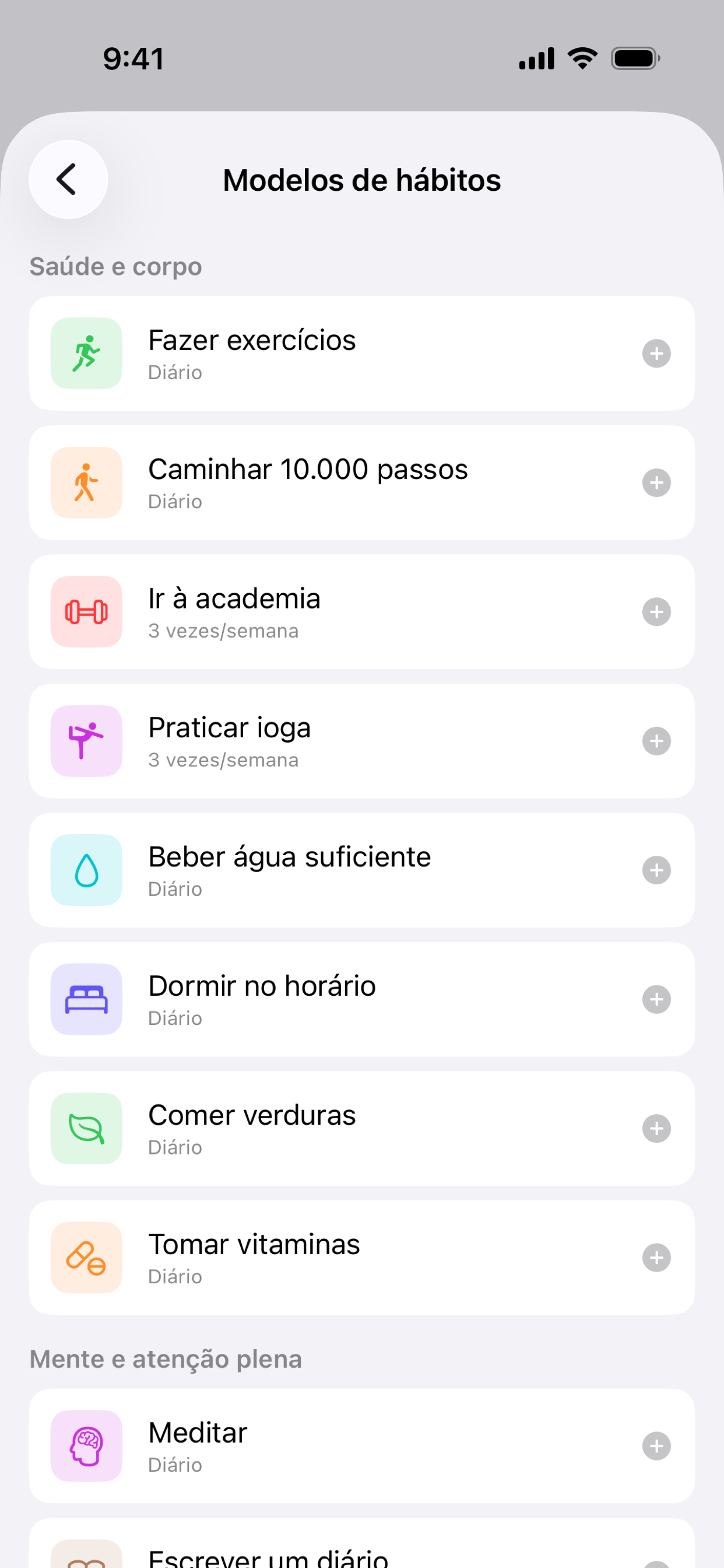 Tela de modelos de hábitos do Habit