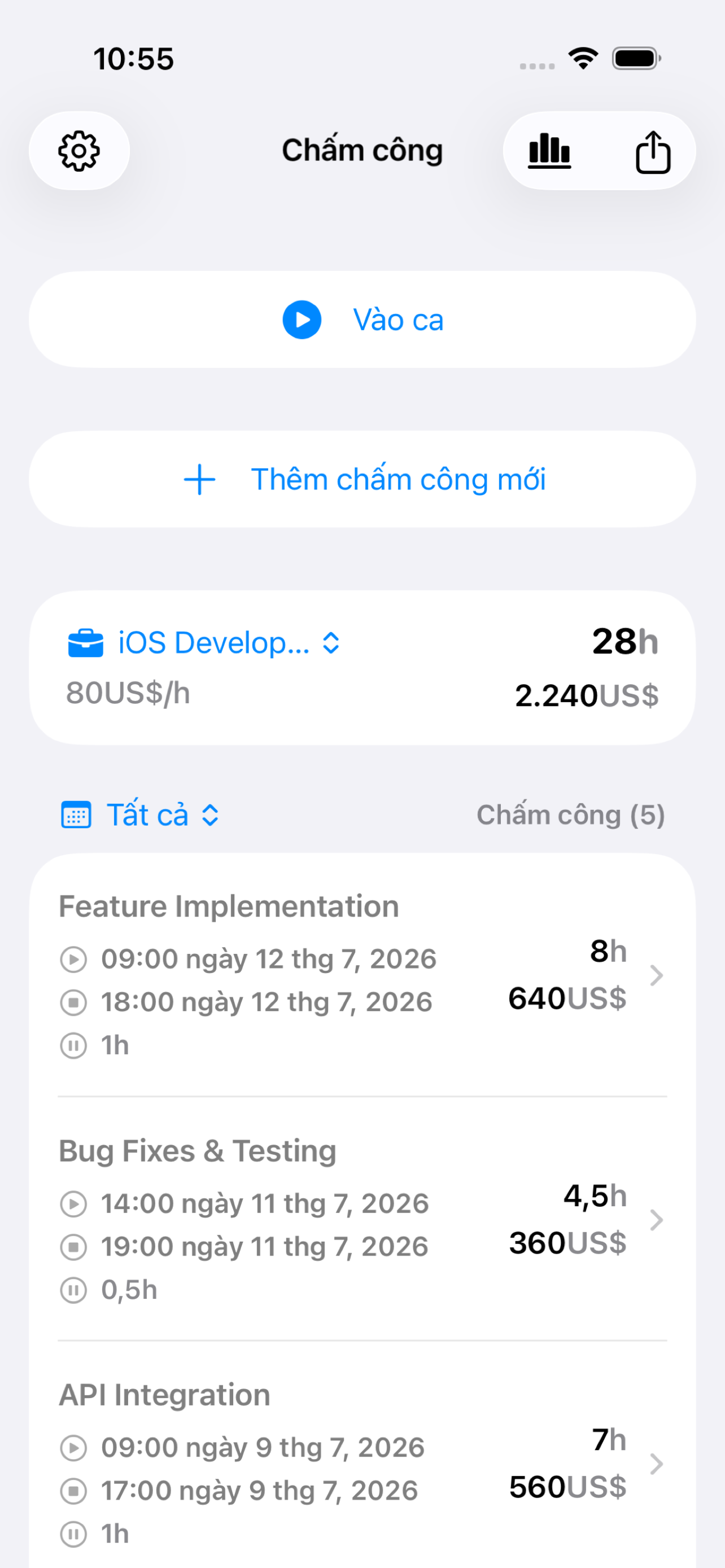 WorkLog màn hình chính